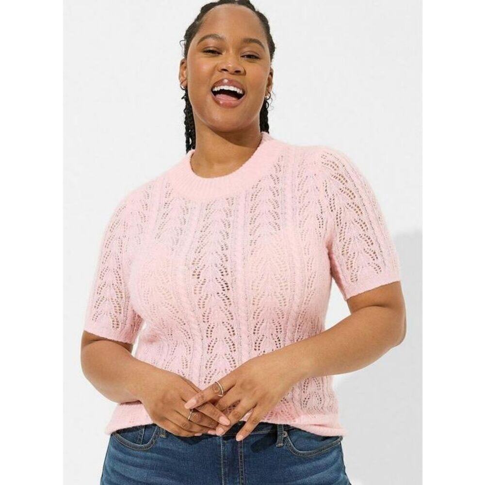 Torrid Pink Pointelle Pullover Short Sleeve Sweater Sz 1 XL 14 16 Women’s